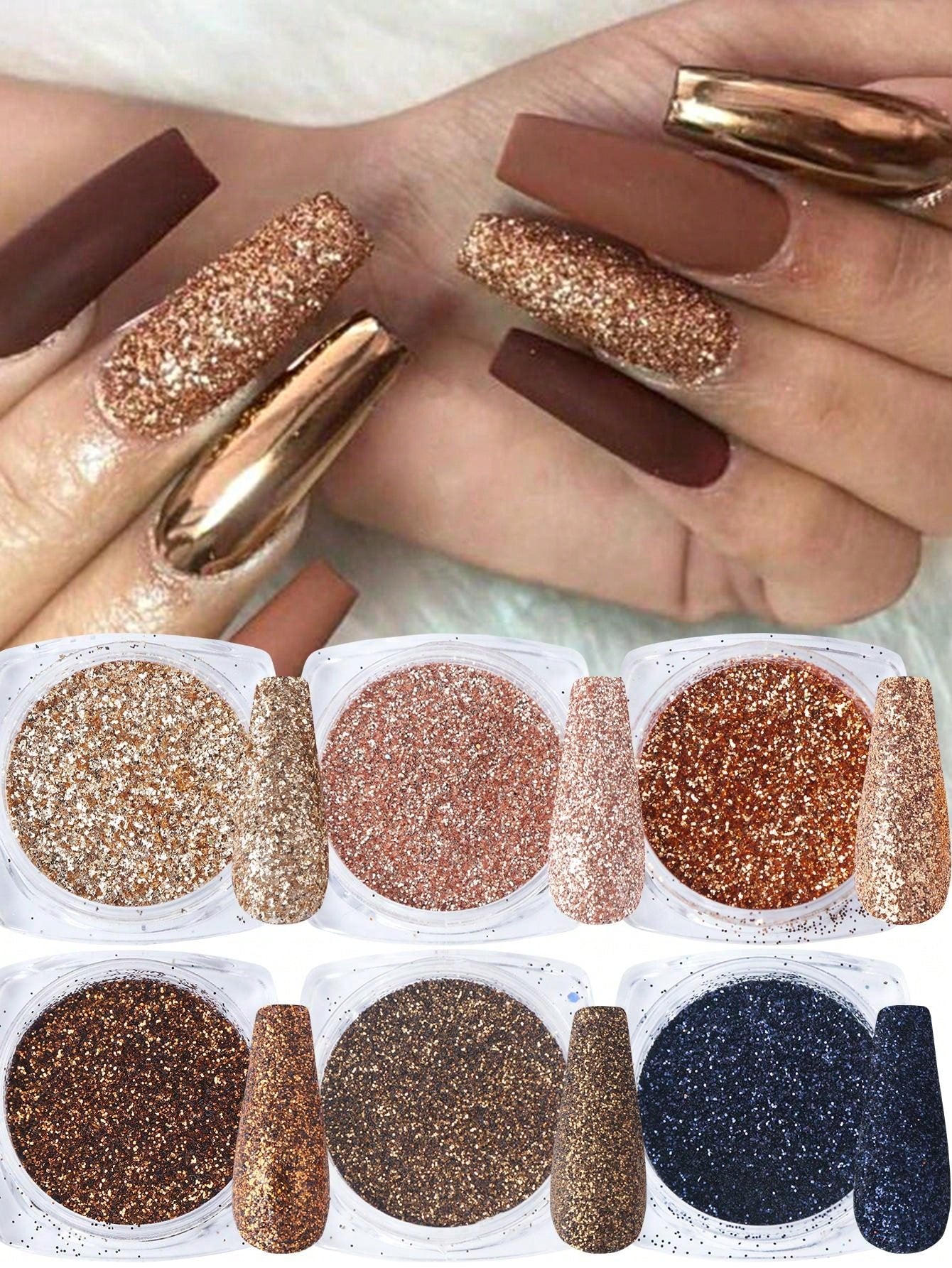 6 Boxes Y2K Aesthetic Gold Holographic Nails Glitter Powder