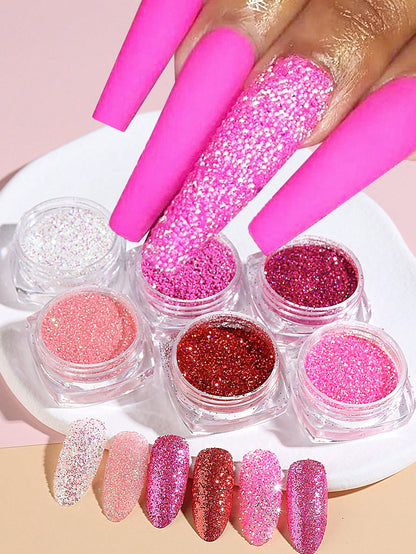 6pcs Pink Nail Glitter Powder
