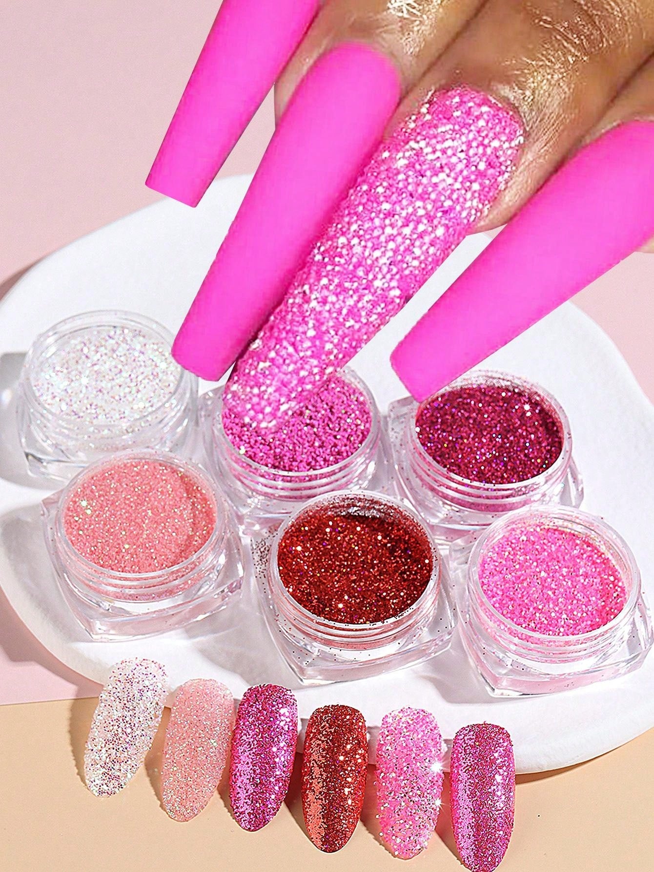 6pcs Pink Nail Glitter Powder