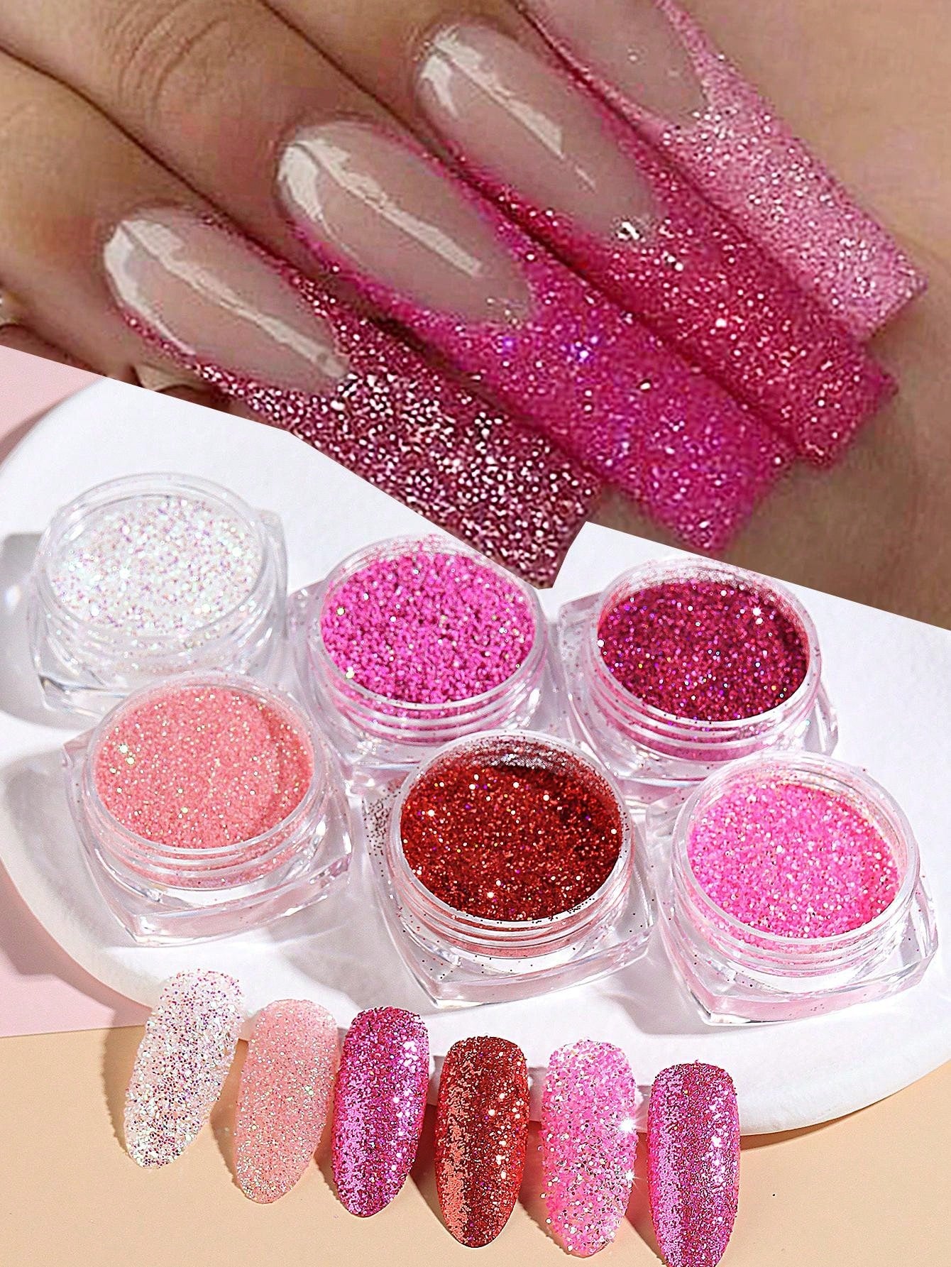 6pcs Pink Nail Glitter Powder