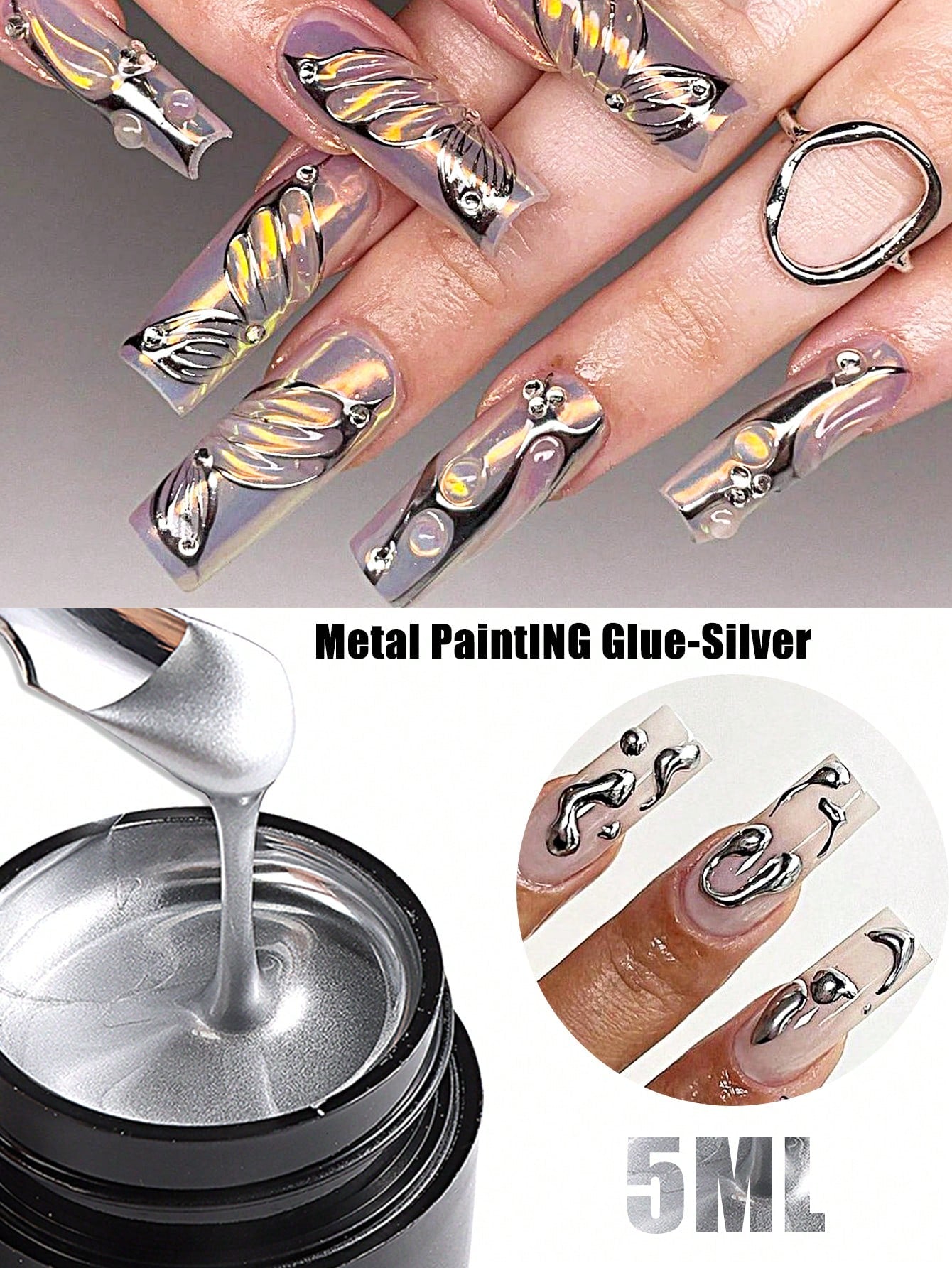 2 Pack 5ML Gold And Silver Metallic Nail Art Gel