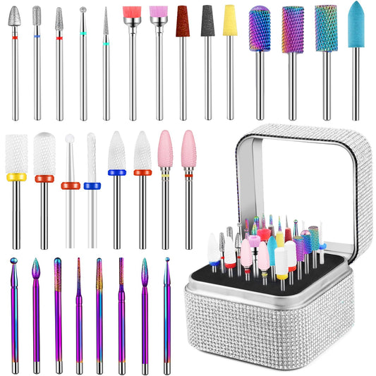 Cellentool Nail Drill Bits Set with Rhinestone Storage Box 30Pcs